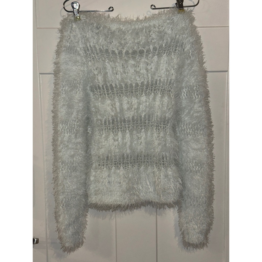 New Light Blue Shaggy Eyelash Knit Striped Open Weave Fuzzy Sweater Women Small - Picture 2 of 8